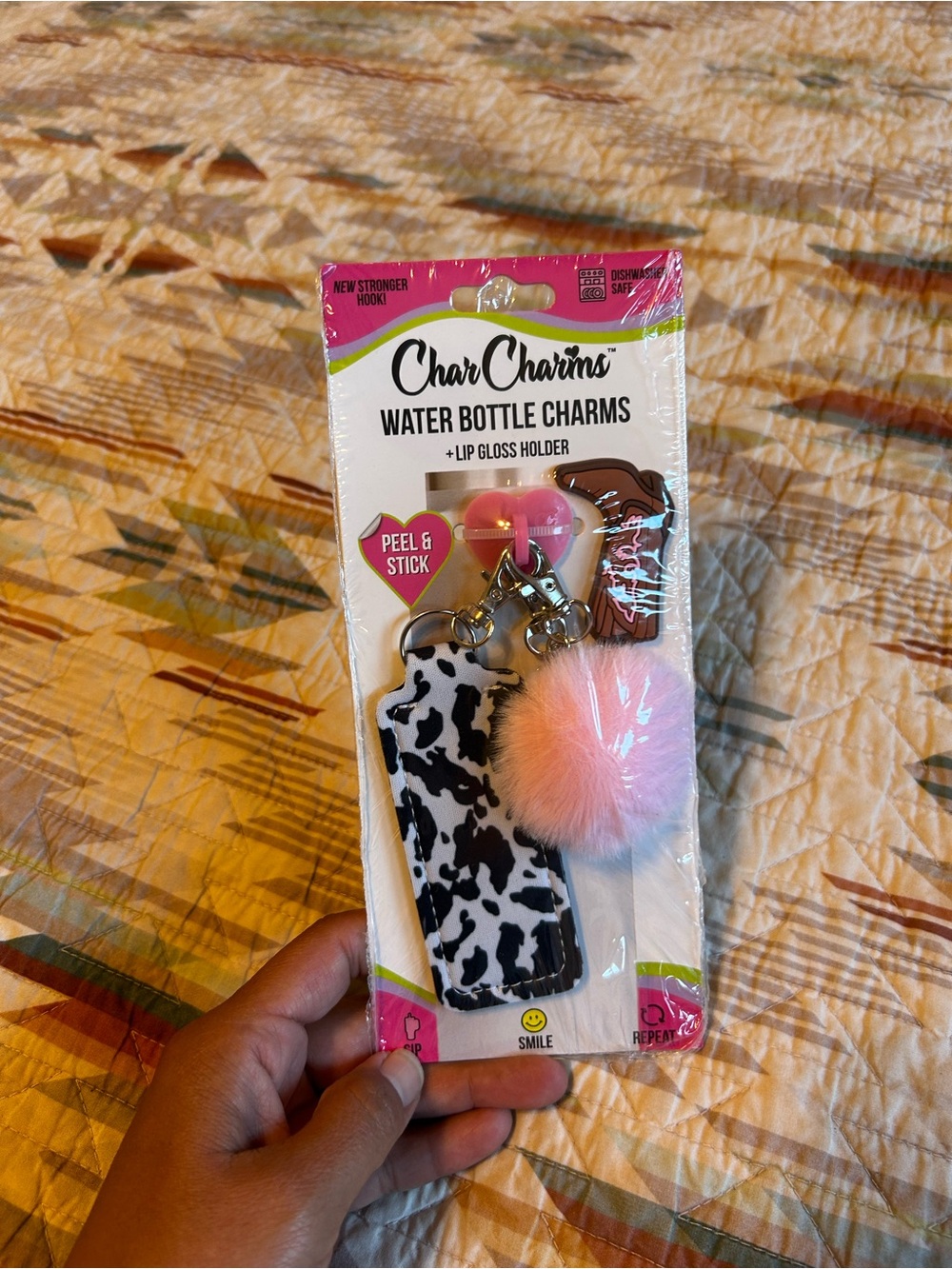 Char Charms Pink Pom Pom & Black-White Cow Print Water Bottle Charm